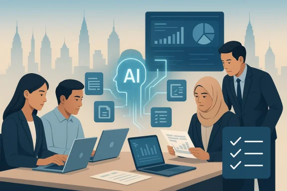 Illustrated business team discussing AI analytics with glowing data icons above a city skyline.