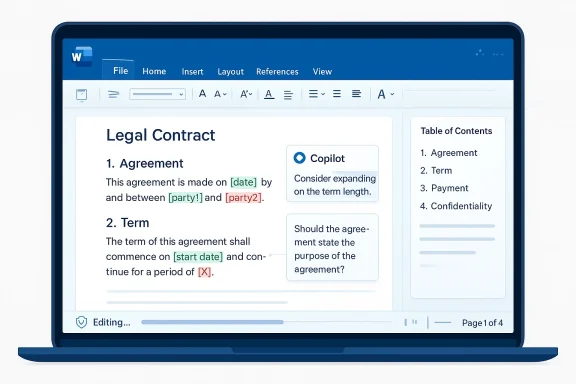 Laptop screen showing a Microsoft Word document titled “Legal Contract” with Copilot prompts and table of contents.