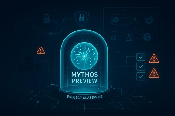 Neon glasslike tech preview with a glowing AI chip inside a dome labeled “MYTHOS PREVIEW.”