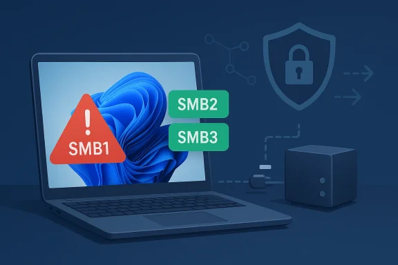 Network security illustration showing SMB1 warning and SMB2/SMB3 options with a shield and locked icon.