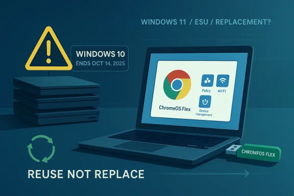 Windows 10 ends Oct 14, 2025—reuse not replace with ChromeOS Flex on a laptop.