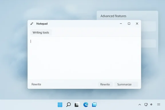 Notepad app window on a blue desktop background with writing tools and rewrite/summarize options.
