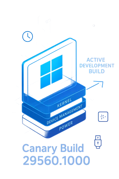 Blue neon server stack icon with “ACTIVE DEVELOPMENT BUILD” and “Canary Build 29560.1000” text.