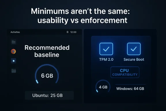 Split-screen graphic: “Minimums aren’t the same: usability vs enforcement” with recommended baseline specs for Ubuntu and Windows.