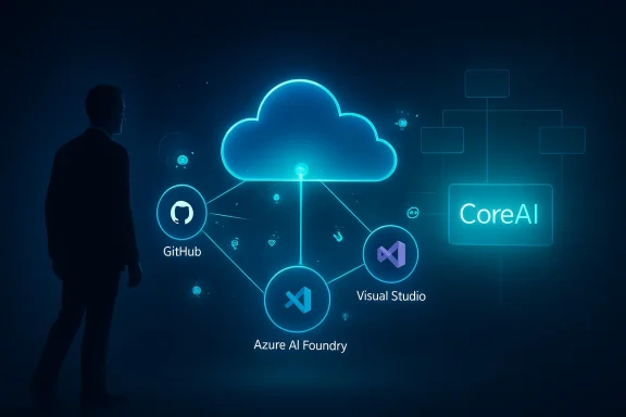 Silhouette of a developer beside a glowing cloud network linking GitHub, CoreAI, and Azure tools.