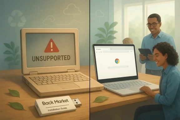 Office scene showing an “UNSUPPORTED” laptop error beside a Back Market installation guide while people use devices.