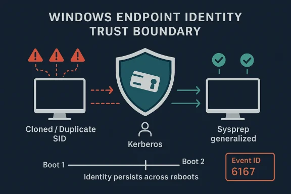 Diagram showing Windows Endpoint Identity trust boundary with cloned SID and sysprep generalized across reboots.