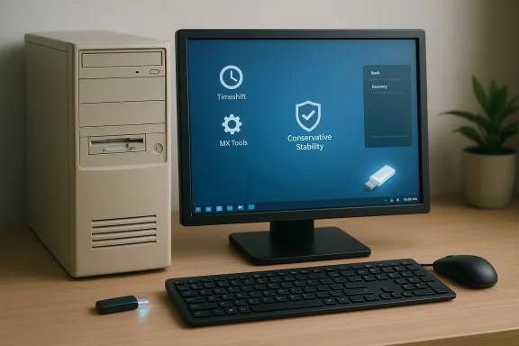 Desktop setup showing a monitor dashboard labeled “Timeshift,” “MX Tools,” and “Conservative Stability.”