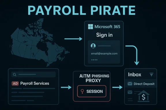 Cybersecurity-themed graphic showing “PAYROLL PIRATE” Microsoft 365 sign-in phishing and session proxy to Inbox Direct Deposit.