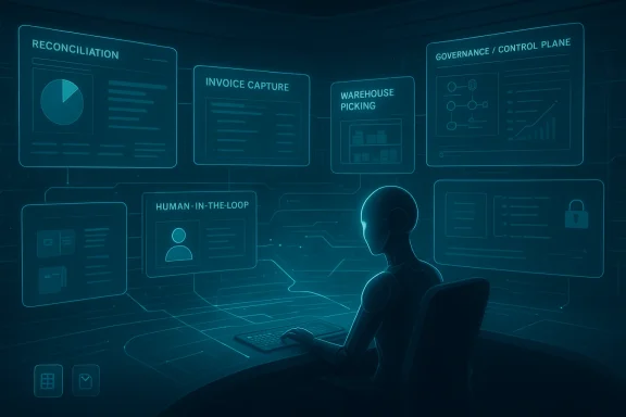 Futuristic control room scene showing a human-in-the-loop managing reconciliation, invoice capture, and governance dashboards.