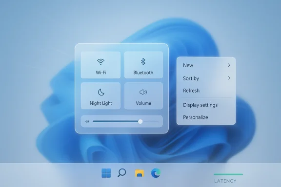 Futuristic Windows UI with Wi‑Fi, Bluetooth, Night Light, and display menu on a blue background.