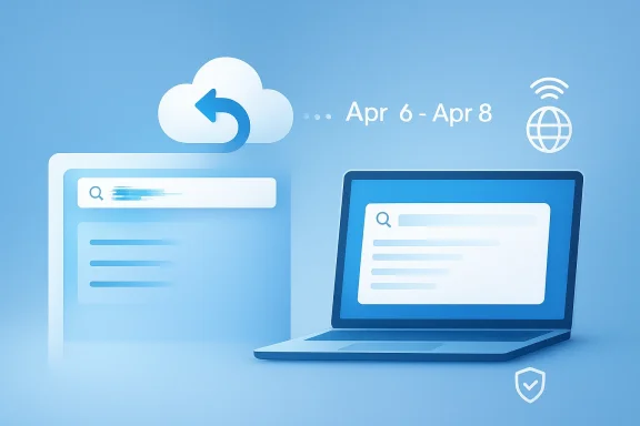 Cloud sync and secure browsing on laptops with “Apr 6–Apr 8” date and global Wi‑Fi icon.