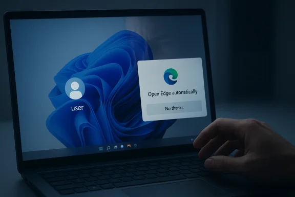 Hand hovers over a laptop showing an “Open Edge automatically” prompt on Windows 11.