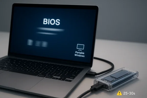 Laptop screen shows “BIOS” and “Portable Windows,” with an external SSD connected via USB.