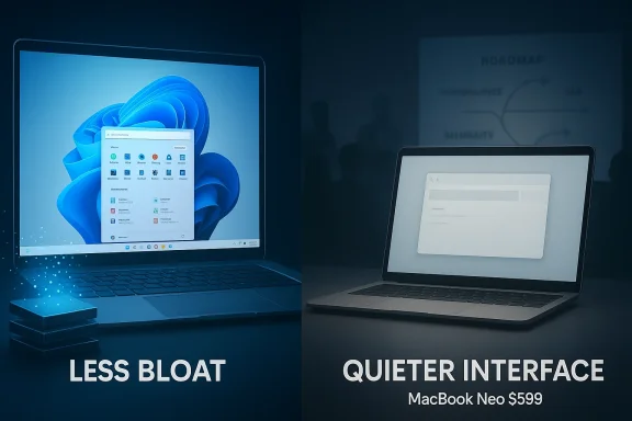 Split-screen shows Windows laptop with “Less Bloat” vs MacBook Neo $599 with “Quieter Interface.”