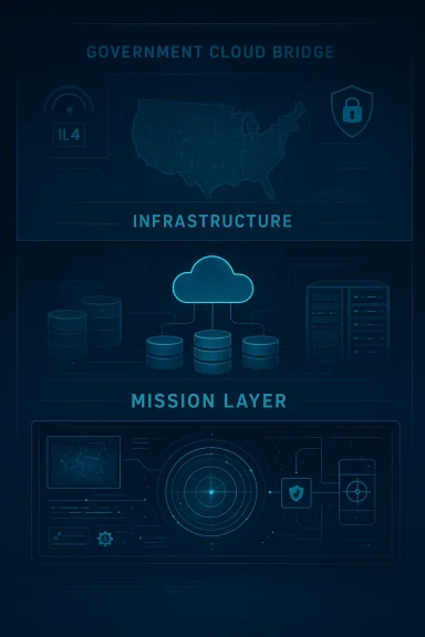 Stylized “Government Cloud Bridge” graphic showing infrastructure layers with data servers and a cloud icon.