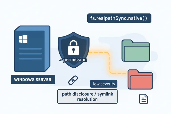 Illustration of Windows server security with permission and file access flow labeled “path disclosure / symlink resolution.”