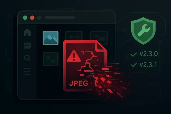 Computer window shows a JPEG file corruption warning with security shield and version checks.