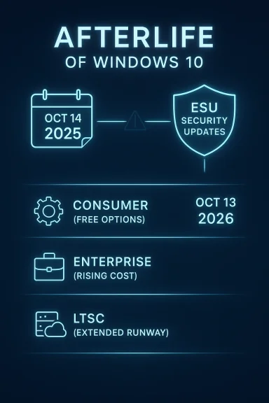 Neon infographic showing “Afterlife of Windows 10” with ESU security updates and key dates/options.