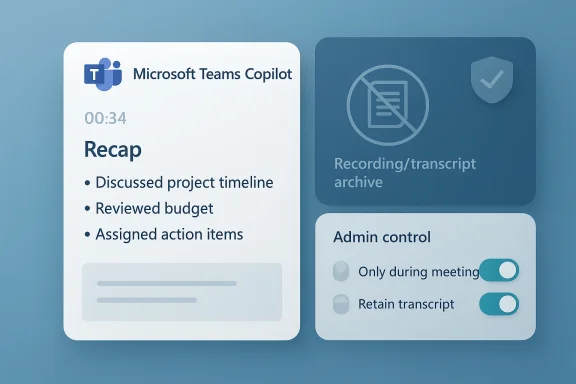 Microsoft Teams Copilot UI shows meeting recap, recording/transcript archive, and admin control toggles.