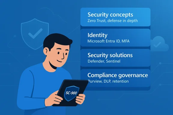 Illustration of a security professional holding a tablet showing zero-trust concepts: identity, solutions, and compliance.