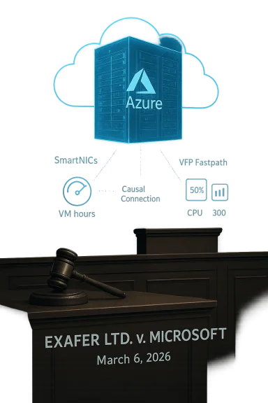 A Microsoft Azure cloud lock with legal podium imagery and network stats on a courtroom-themed backdrop.