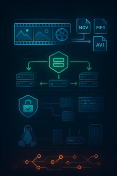 Neon security-themed network diagram showing file format conversion (MOV/MP4/AVI to process), protection icons and routes.