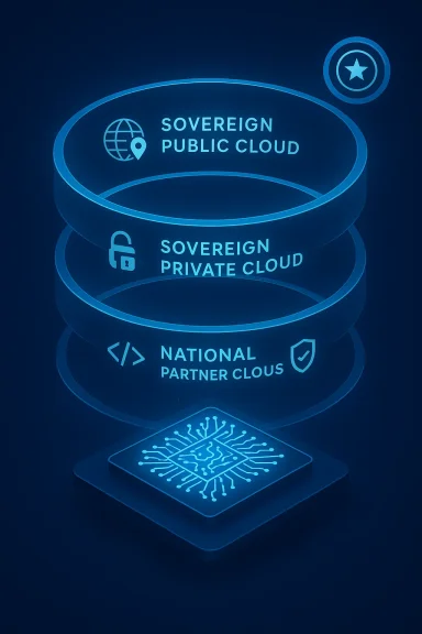 Abstract blue cloud network graphic labeled “Sovereign Public/Private Cloud” and “National Partner Clous.”