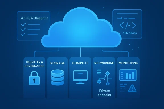 Cloud computing diagram showing AZ-104 blueprint services: identity, storage, compute, networking, and monitoring.