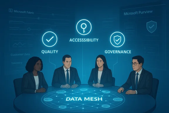 Team in a futuristic blue boardroom discusses data mesh, with accessibility, quality, governance, and Microsoft Fabric visuals.