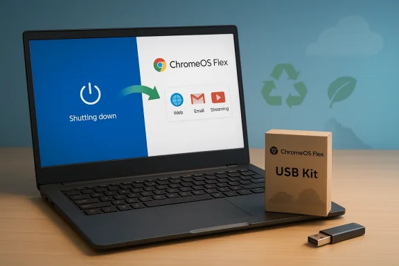 Laptop screen shows “Shutting down” ChromeOS Flex, with a “USB Kit” box and USB drive on a table.