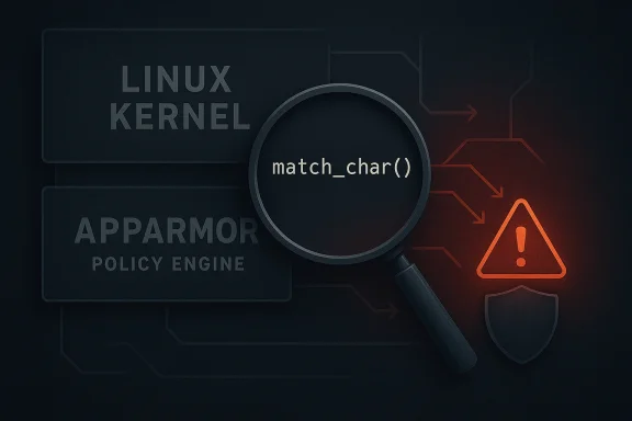 Futuristic Linux kernel security graphic shows AppArmor policy engine and a magnified match_char warning.