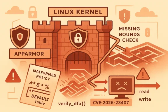 Illustration of a Linux kernel firewall showing missing bounds check, AppArmor warnings, and dfa( ) CVE-2026-23407.