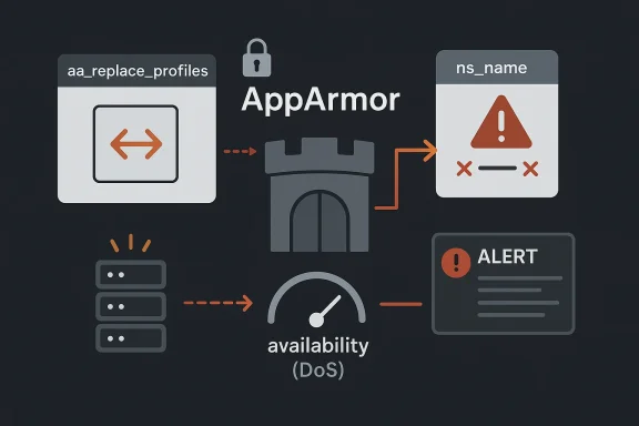 Diagram showing AppArmor modules and DoS availability, with alerts and locked profiles.