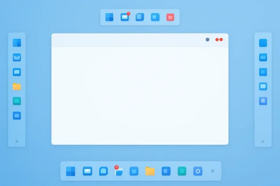 Minimalist blue UI mockup with side panels, top app icons, and a blank white main window.