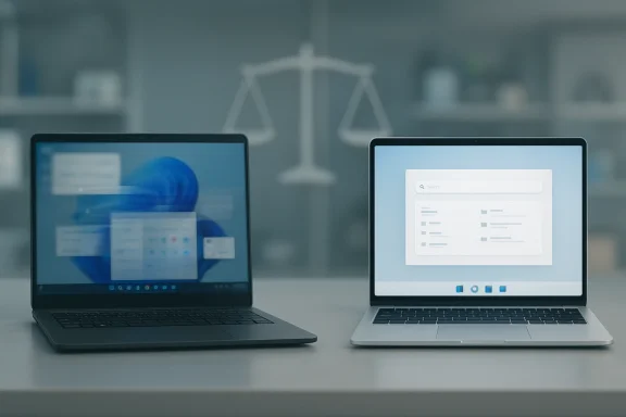 Two laptops on a desk display web interfaces with blurred documents in the background.