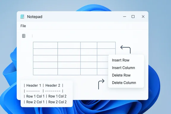 Windows Notepad window shows a grid table with a context menu for inserting/deleting rows and columns.