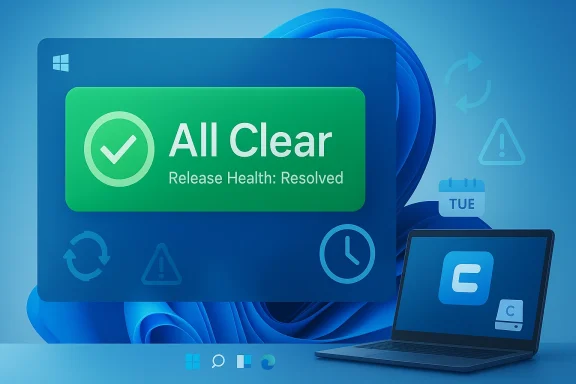 Windows security-style graphic showing “All Clear” with health status and a laptop.