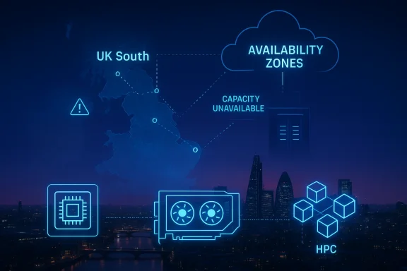 Glowing network diagram over a city skyline shows UK South availability zones and HPC with capacity unavailable alerts.