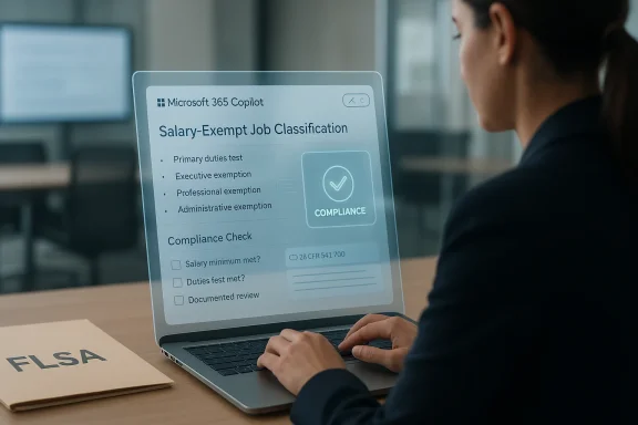A person uses a laptop showing Microsoft 365 Copilot compliance for salary-exempt job classification.