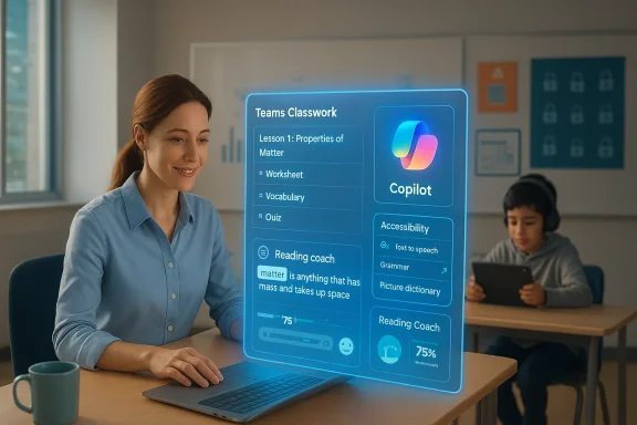 Teacher reviews a Teams Classwork lesson on a laptop in a classroom with a Copilot interface on screen.