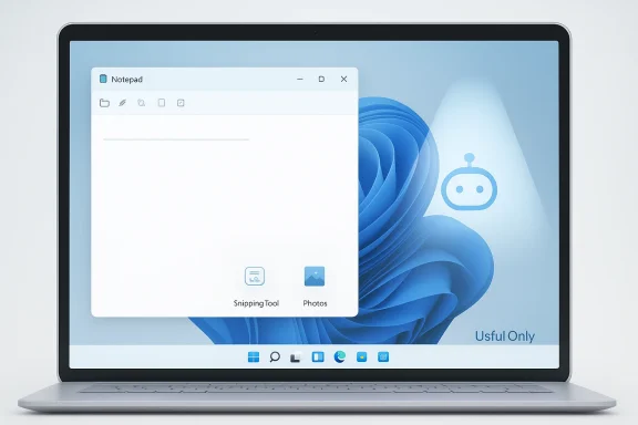 Laptop screen showing Windows 11 Notepad over the blue AI-themed desktop background.