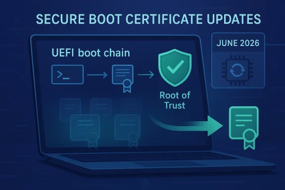 Blue tech graphic showing secure boot certificate updates via UEFI boot chain and root of trust.