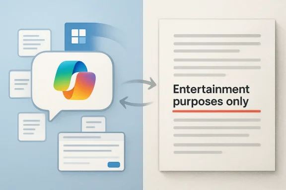 Illustration showing a Microsoft logo and a document stating “Entertainment purposes only.”