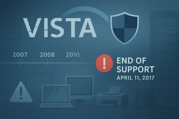 “VISTA” poster with a shield logo and “End of Support” notice dated April 11, 2017.