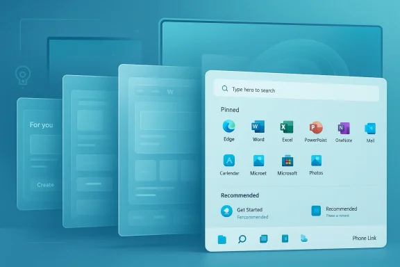 Frosted desktop UI showing pinned app icons and search bar on a blue gradient background.