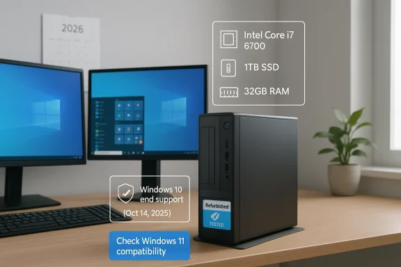 Refurbished desktop on desk with dual monitors showing Windows 10 end support and Core i7 6700 specs.
