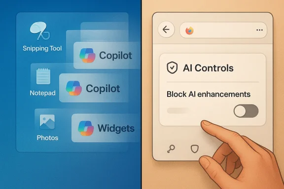 Split-screen UI shows “Shipping Tool” with Copilot apps and an “AI Controls—Block AI enhancements” toggle.