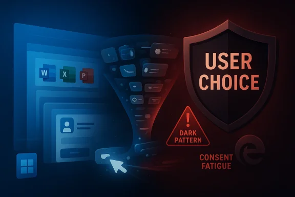 Cyber security warning scene with “USER CHOICE” and “DARK PATTERN” icons over office software visuals.