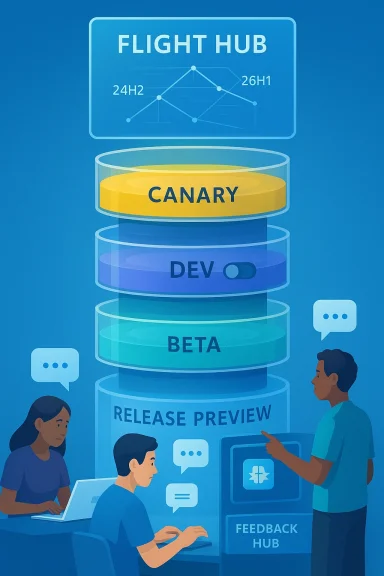 Illustration of a software release hub with Canary, Dev, and Beta stages and developers reviewing feedback.